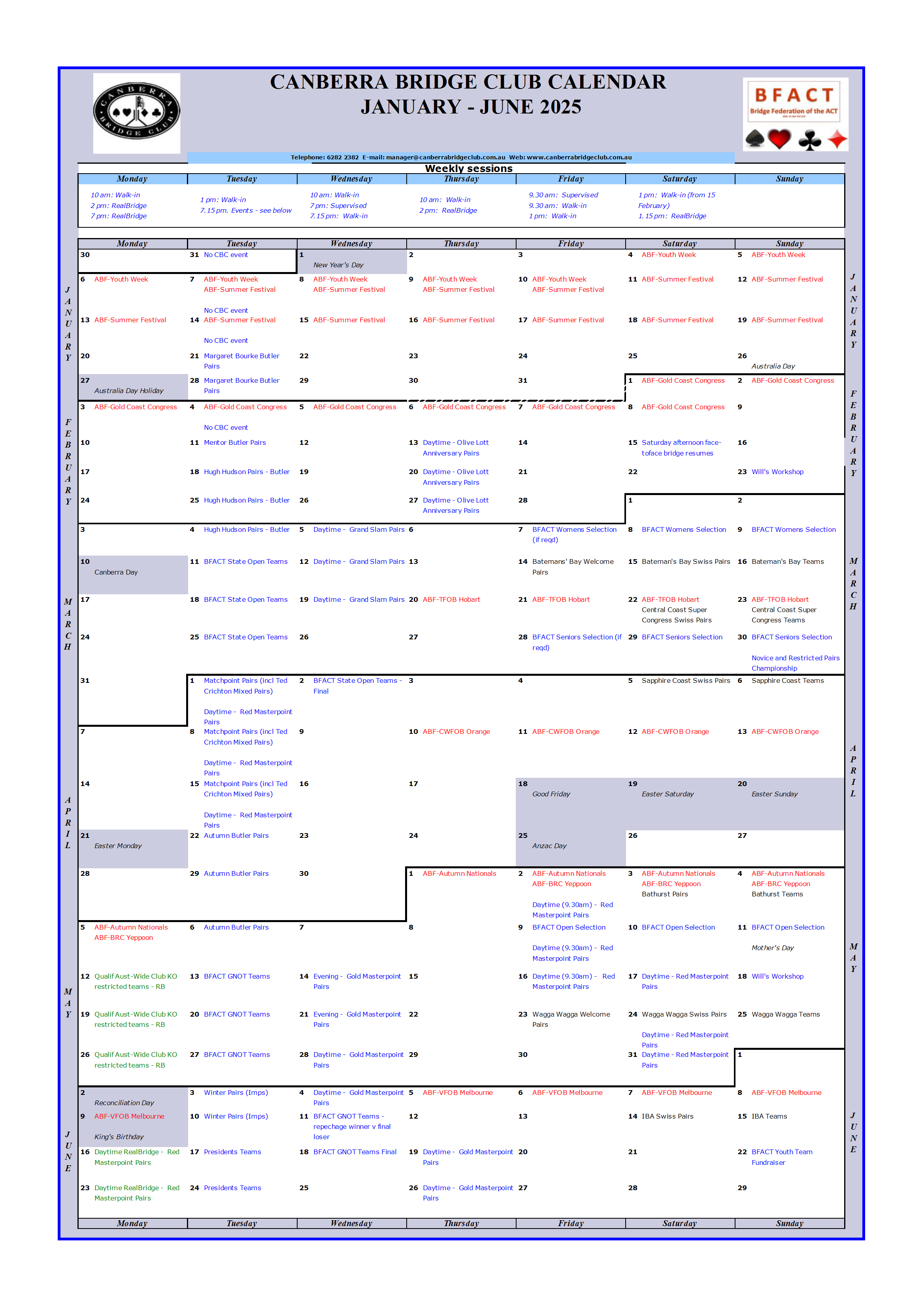 Canberra Bridge Club Calendar 2025
