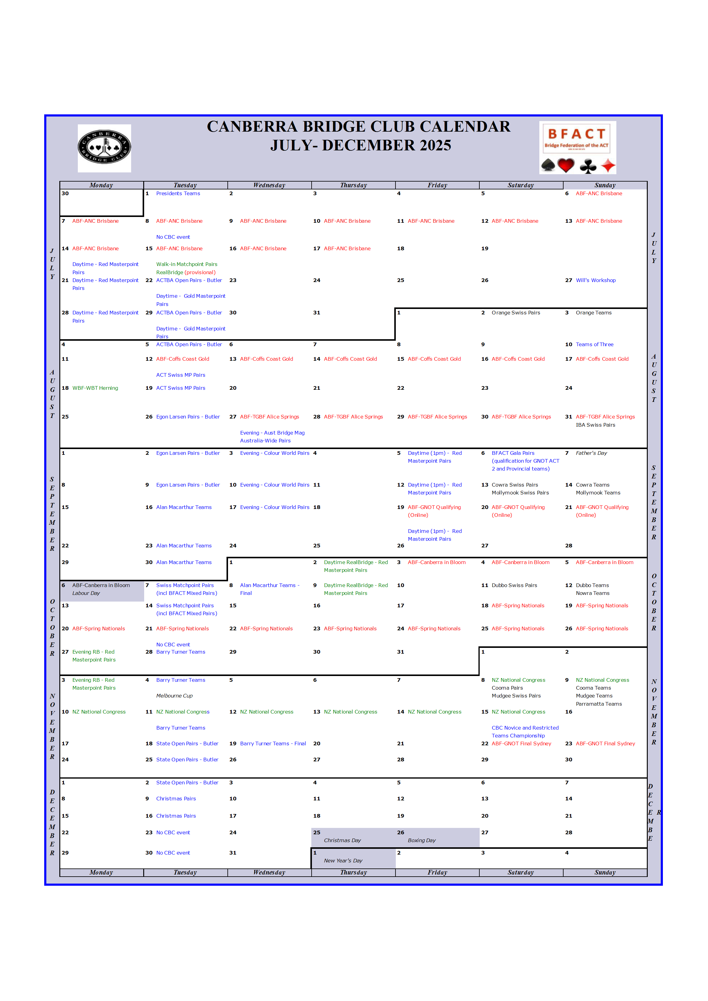 Canberra Bridge Club Calendar 2025